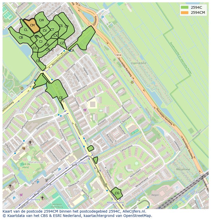 Afbeelding van het postcodegebied 2594 CM op de kaart.