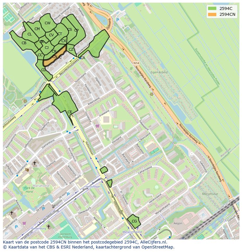 Afbeelding van het postcodegebied 2594 CN op de kaart.
