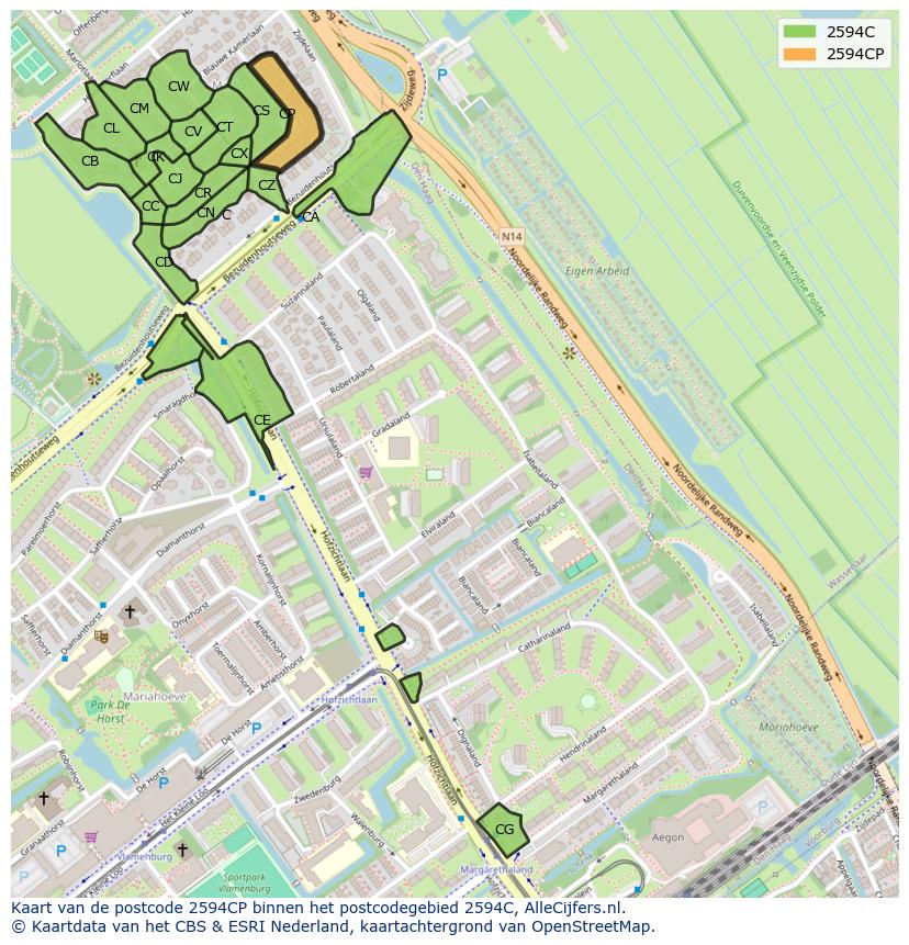 Afbeelding van het postcodegebied 2594 CP op de kaart.