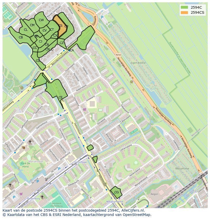 Afbeelding van het postcodegebied 2594 CS op de kaart.