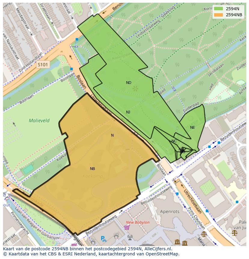 Afbeelding van het postcodegebied 2594 NB op de kaart.