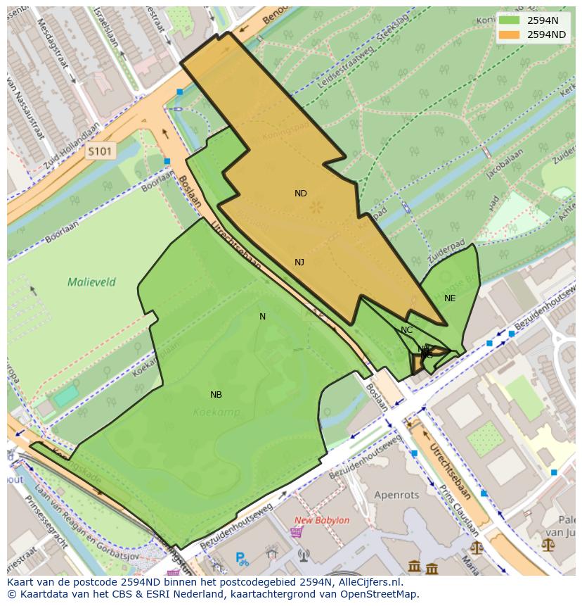 Afbeelding van het postcodegebied 2594 ND op de kaart.