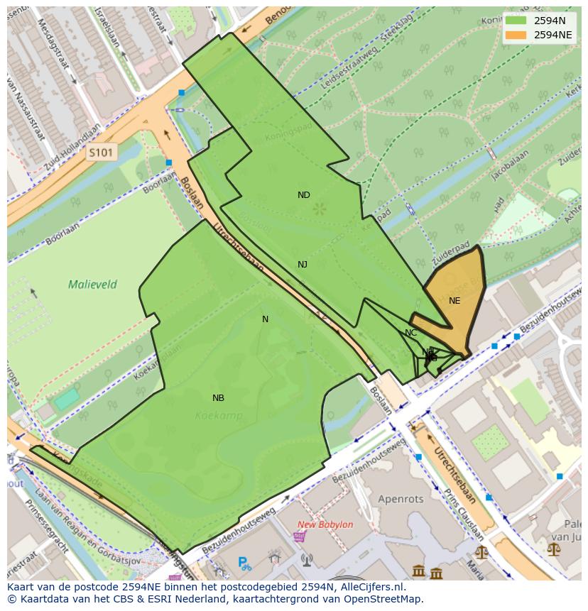 Afbeelding van het postcodegebied 2594 NE op de kaart.