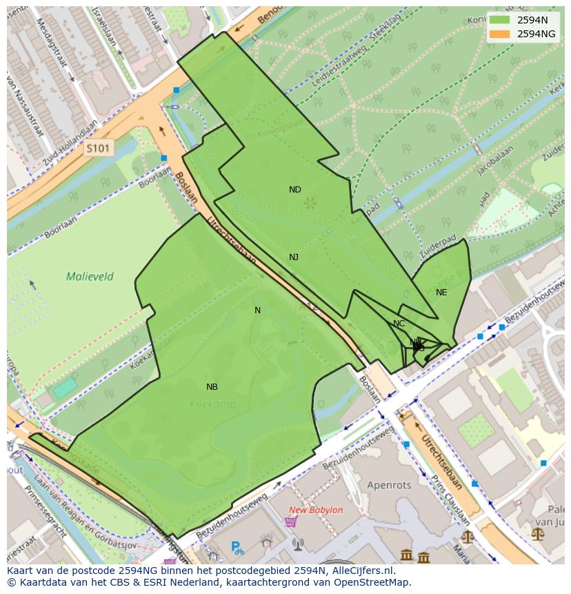 Afbeelding van het postcodegebied 2594 NG op de kaart.