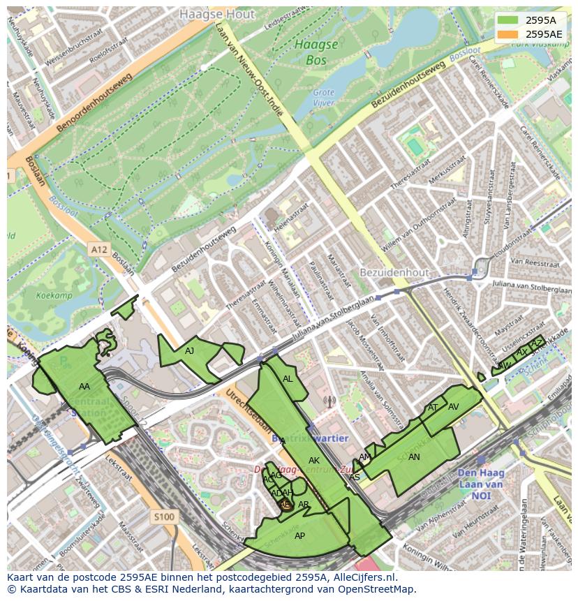 Afbeelding van het postcodegebied 2595 AE op de kaart.