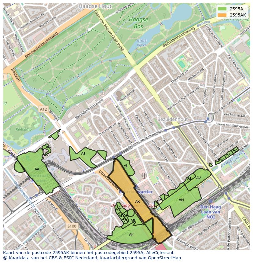Afbeelding van het postcodegebied 2595 AK op de kaart.