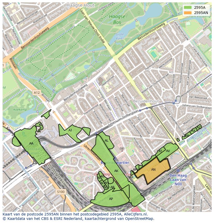 Afbeelding van het postcodegebied 2595 AN op de kaart.