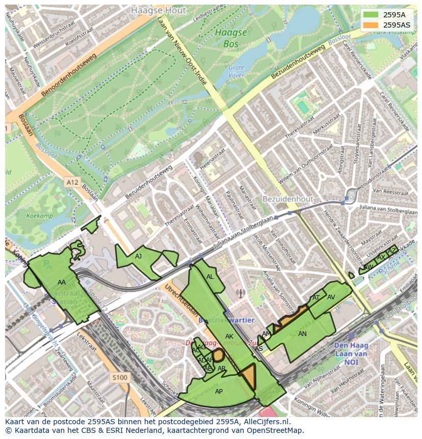 Afbeelding van het postcodegebied 2595 AS op de kaart.