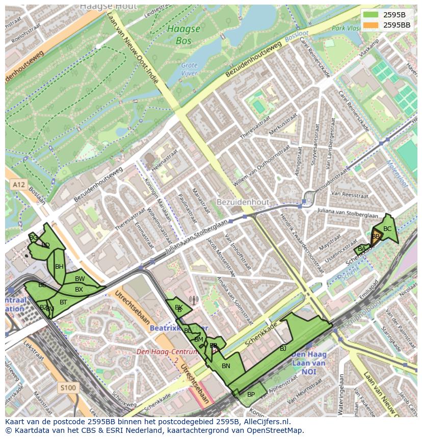 Afbeelding van het postcodegebied 2595 BB op de kaart.
