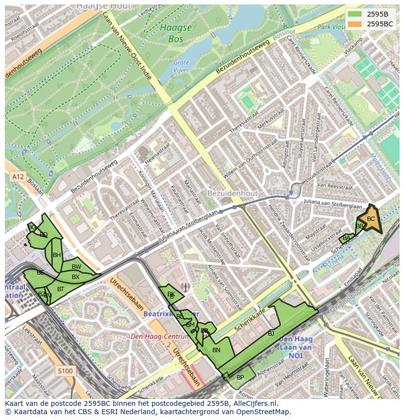 Afbeelding van het postcodegebied 2595 BC op de kaart.