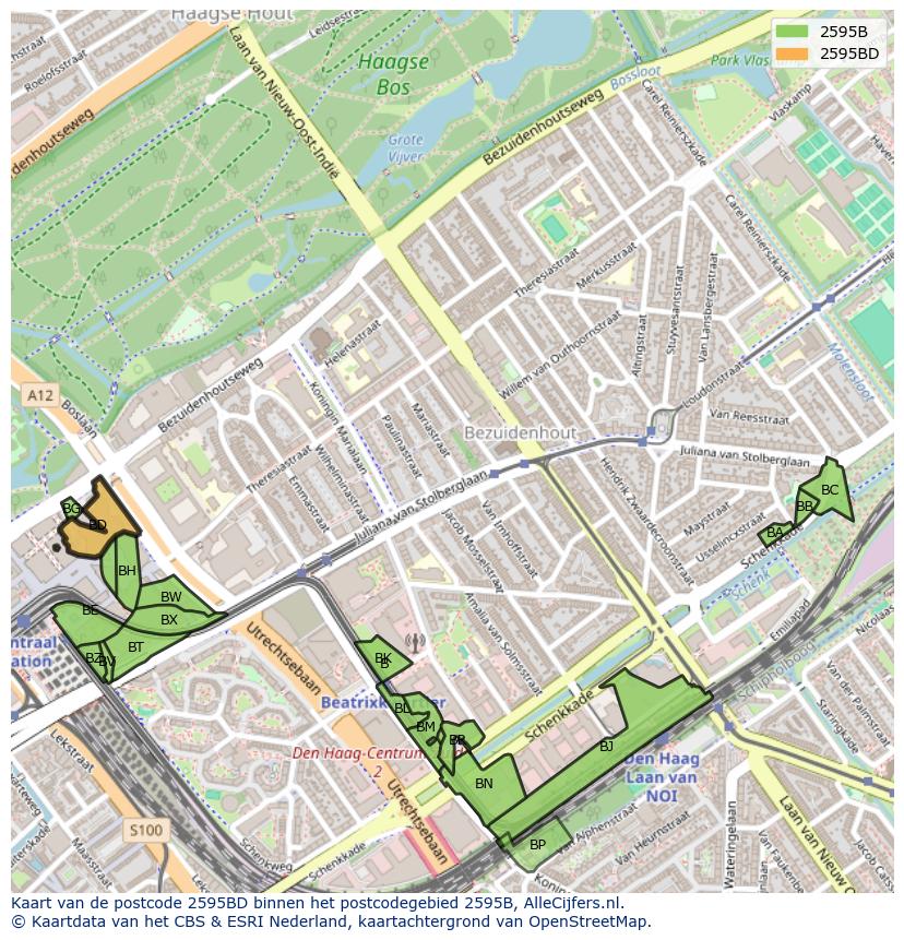 Afbeelding van het postcodegebied 2595 BD op de kaart.