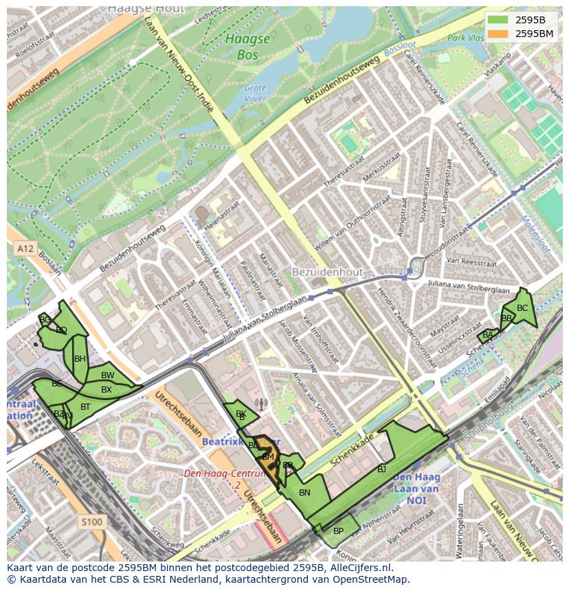 Afbeelding van het postcodegebied 2595 BM op de kaart.