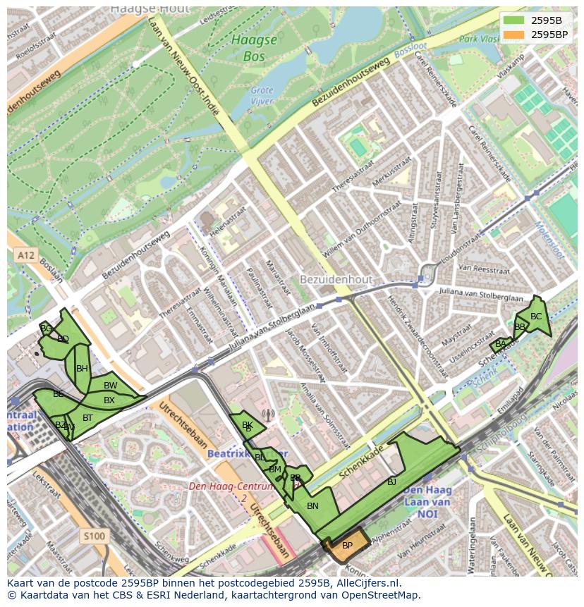 Afbeelding van het postcodegebied 2595 BP op de kaart.