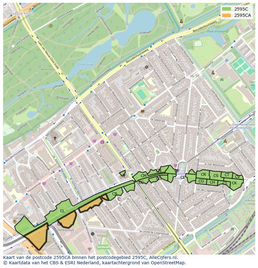 Afbeelding van het postcodegebied 2595 CA op de kaart.