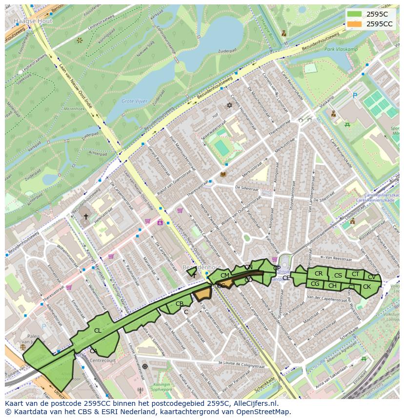 Afbeelding van het postcodegebied 2595 CC op de kaart.