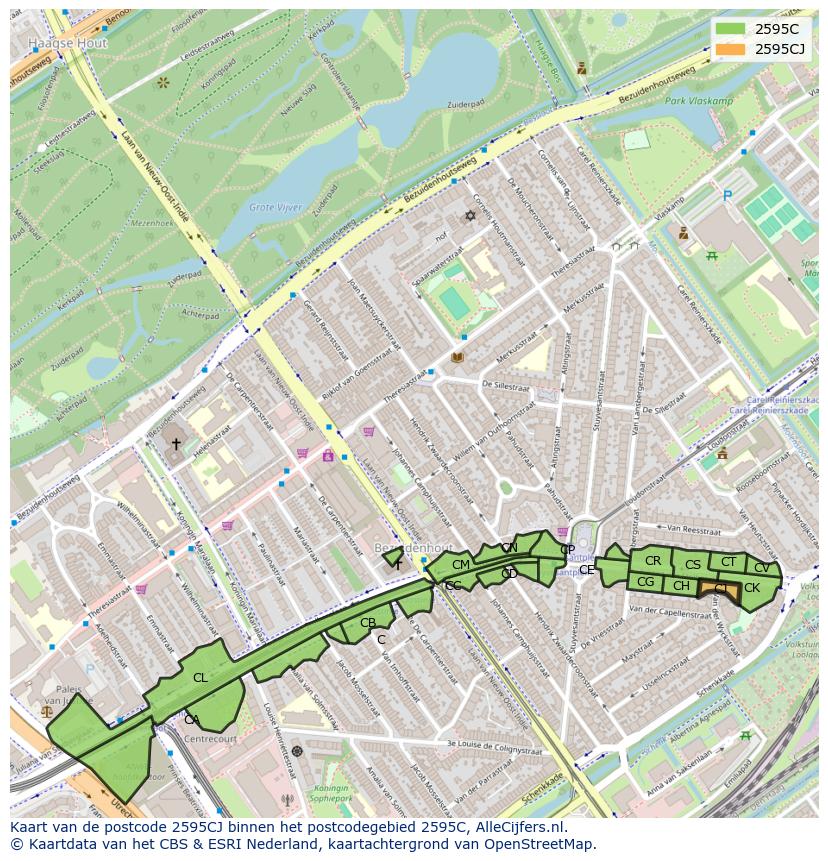 Afbeelding van het postcodegebied 2595 CJ op de kaart.