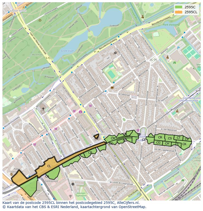 Afbeelding van het postcodegebied 2595 CL op de kaart.