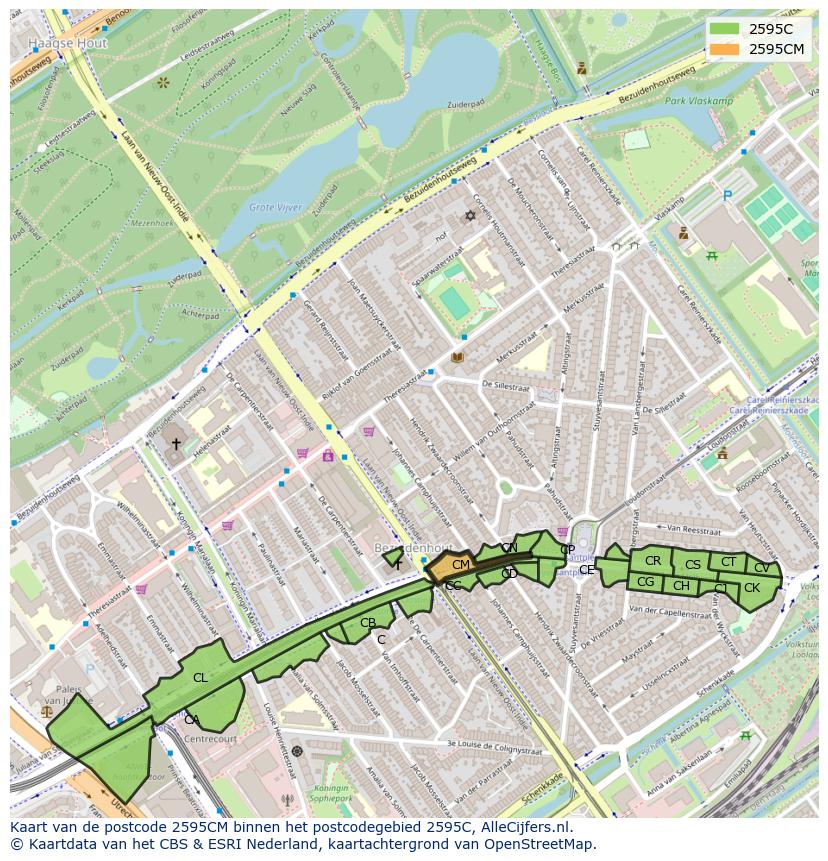 Afbeelding van het postcodegebied 2595 CM op de kaart.
