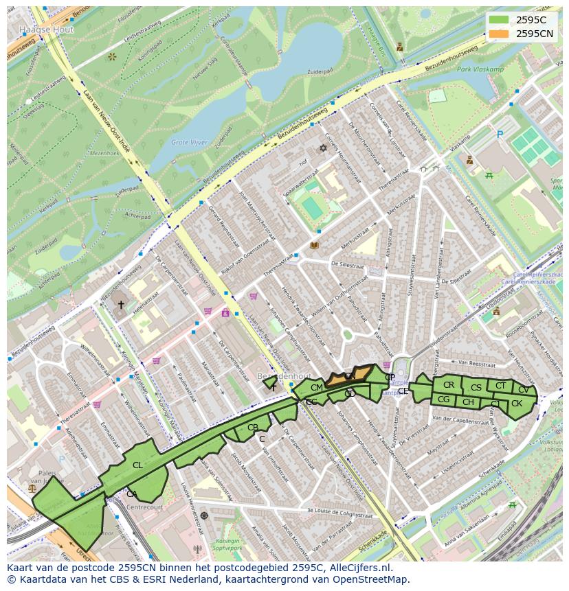 Afbeelding van het postcodegebied 2595 CN op de kaart.