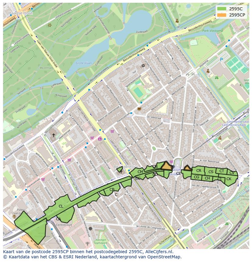 Afbeelding van het postcodegebied 2595 CP op de kaart.