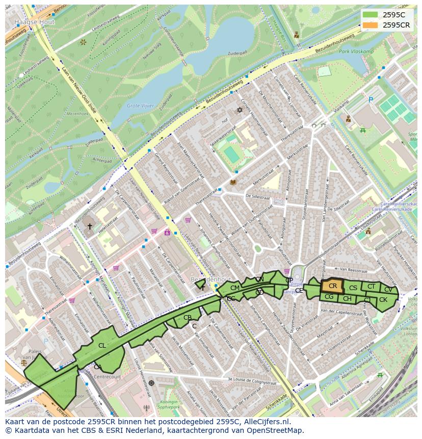 Afbeelding van het postcodegebied 2595 CR op de kaart.