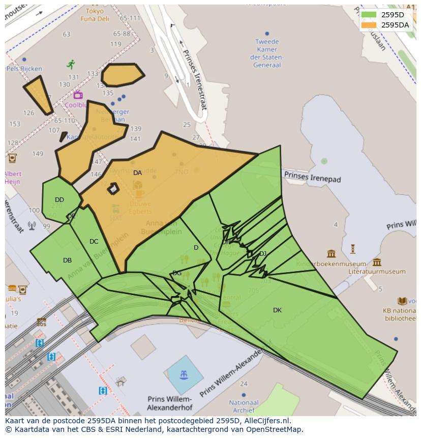Afbeelding van het postcodegebied 2595 DA op de kaart.