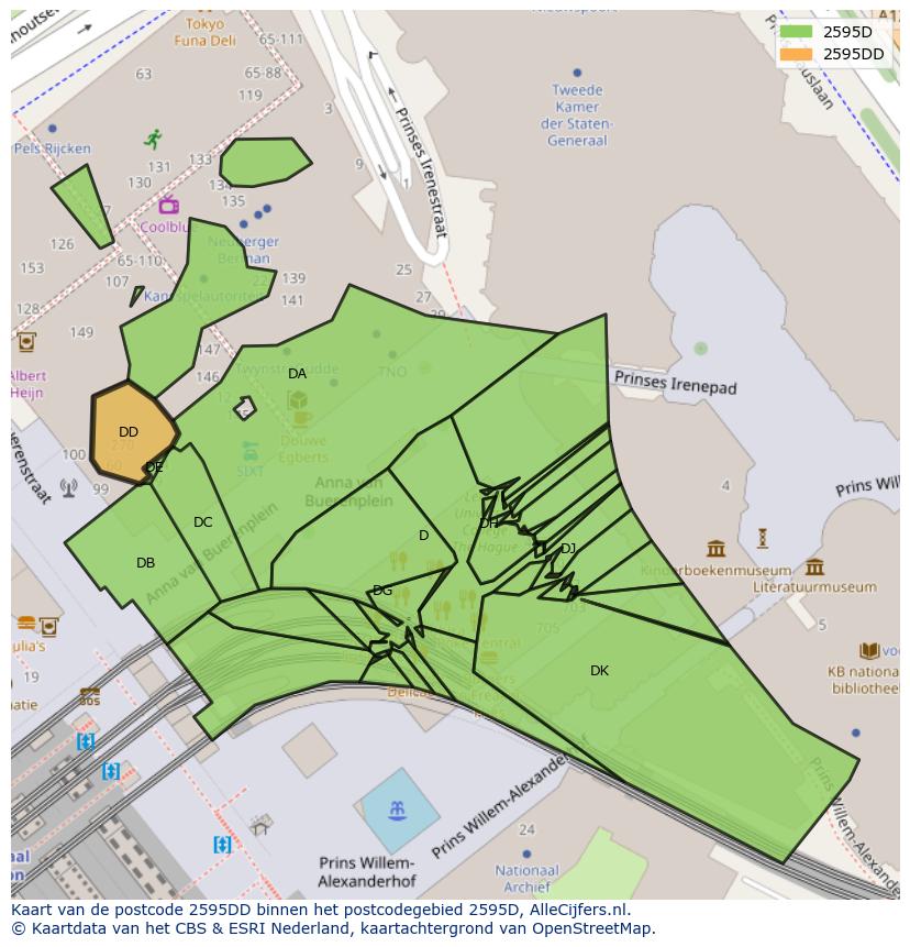 Afbeelding van het postcodegebied 2595 DD op de kaart.