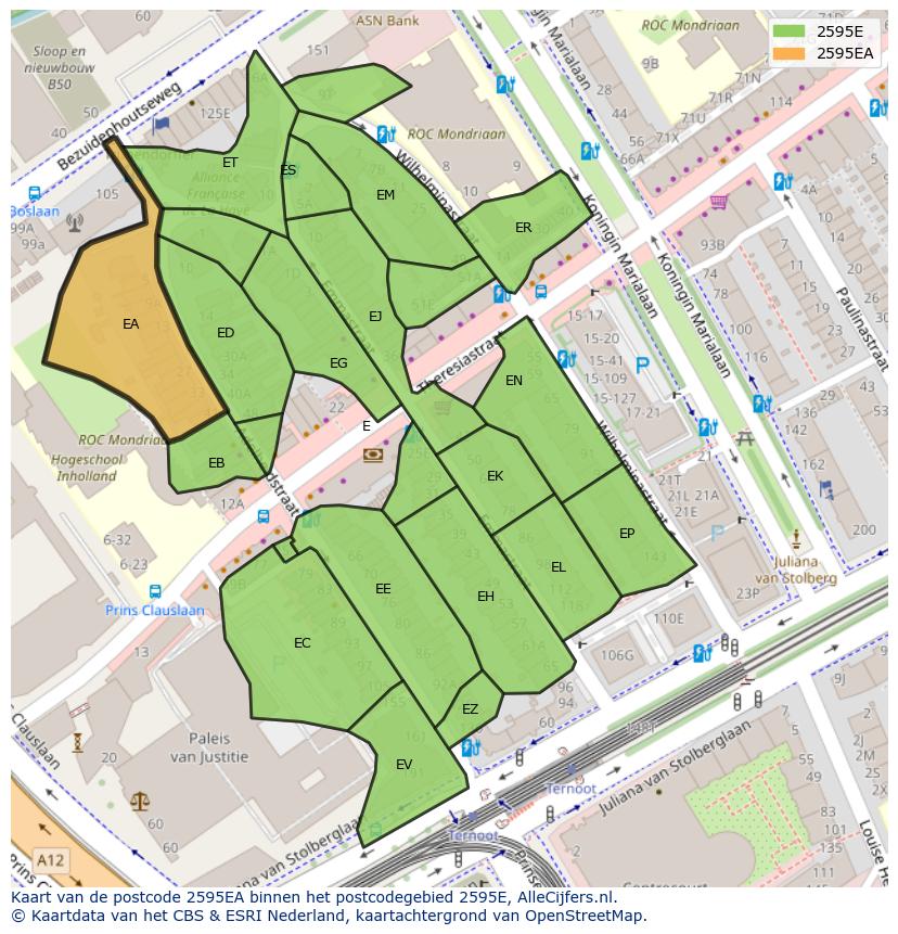 Afbeelding van het postcodegebied 2595 EA op de kaart.
