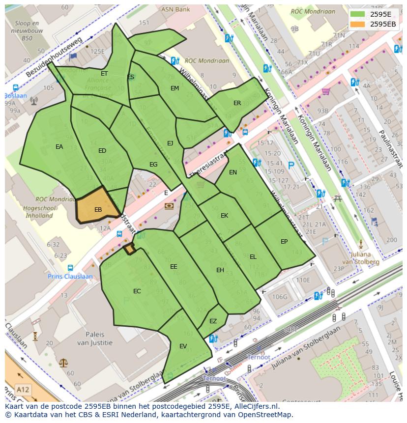 Afbeelding van het postcodegebied 2595 EB op de kaart.