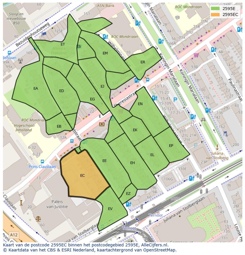 Afbeelding van het postcodegebied 2595 EC op de kaart.