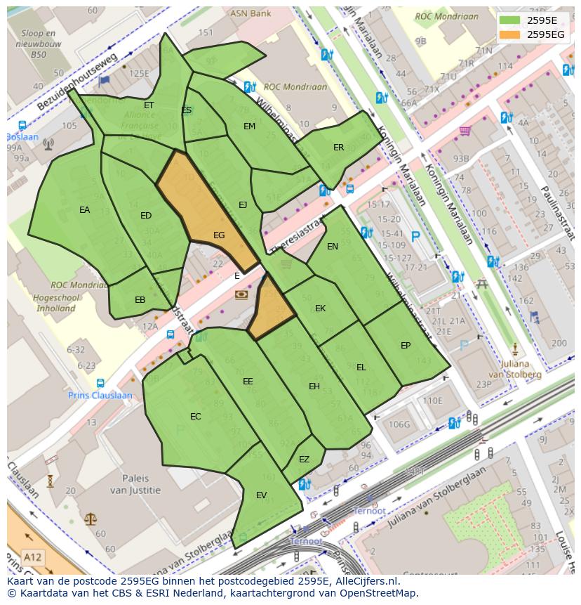 Afbeelding van het postcodegebied 2595 EG op de kaart.