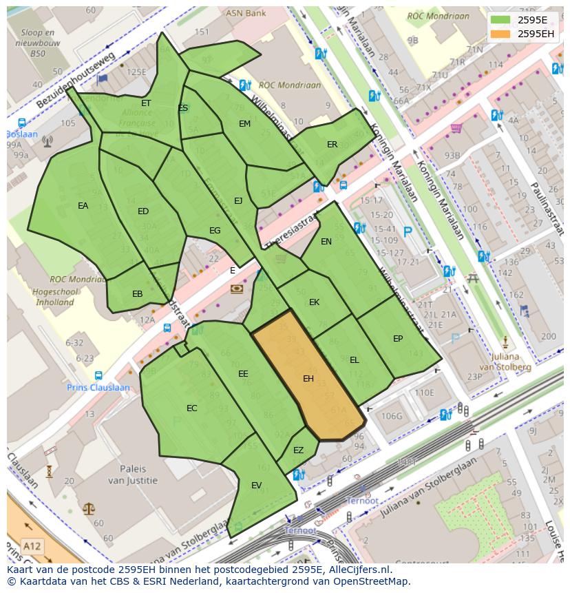 Afbeelding van het postcodegebied 2595 EH op de kaart.