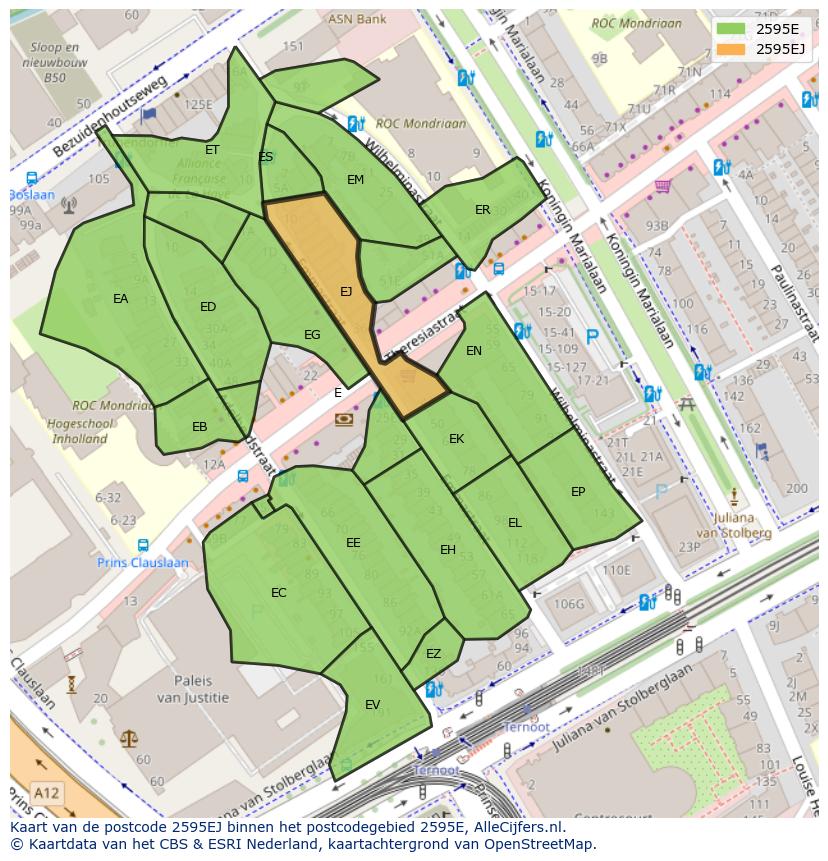 Afbeelding van het postcodegebied 2595 EJ op de kaart.