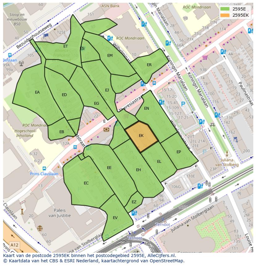 Afbeelding van het postcodegebied 2595 EK op de kaart.