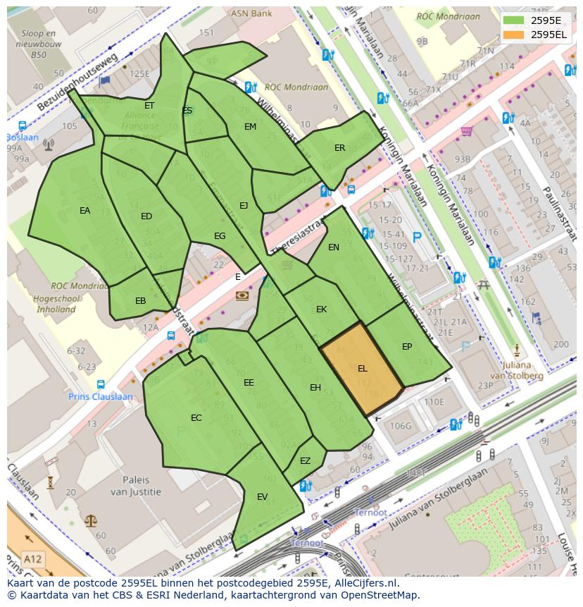 Afbeelding van het postcodegebied 2595 EL op de kaart.