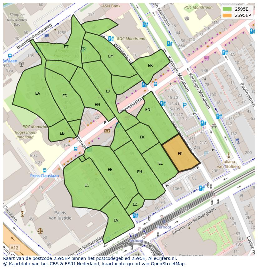 Afbeelding van het postcodegebied 2595 EP op de kaart.