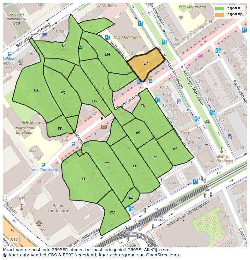 Afbeelding van het postcodegebied 2595 ER op de kaart.