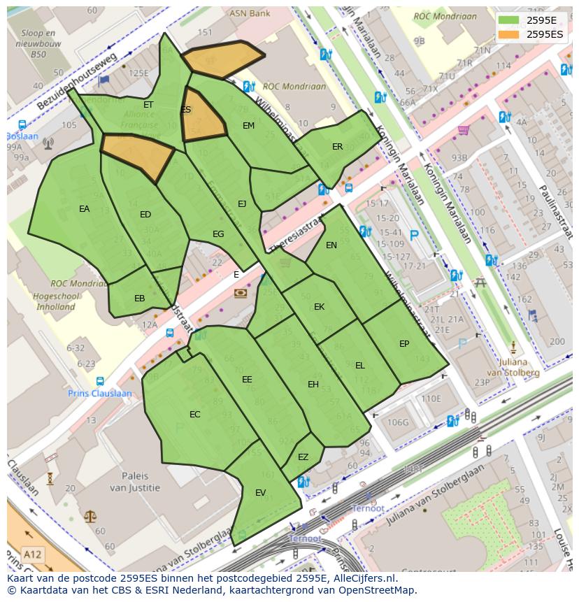 Afbeelding van het postcodegebied 2595 ES op de kaart.