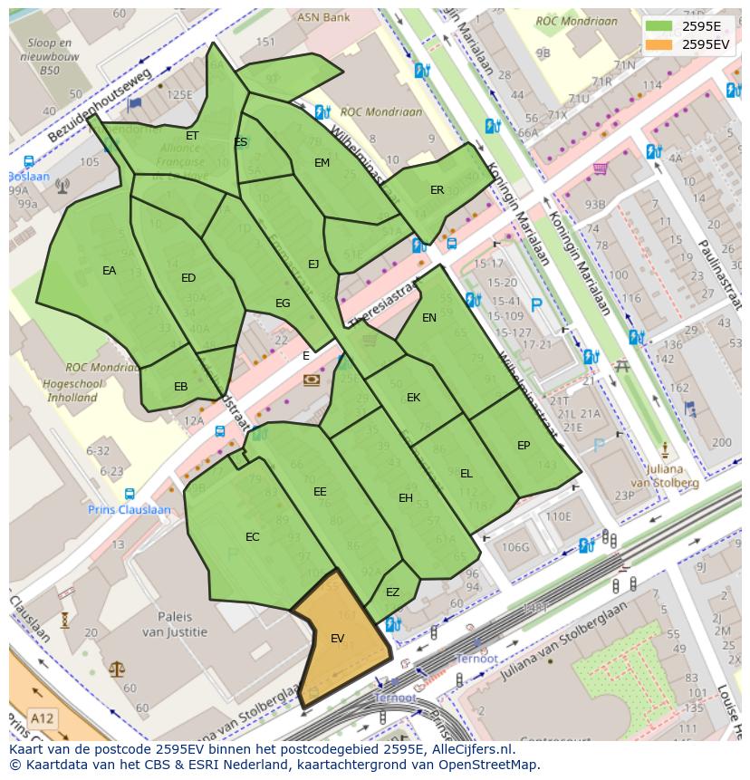 Afbeelding van het postcodegebied 2595 EV op de kaart.