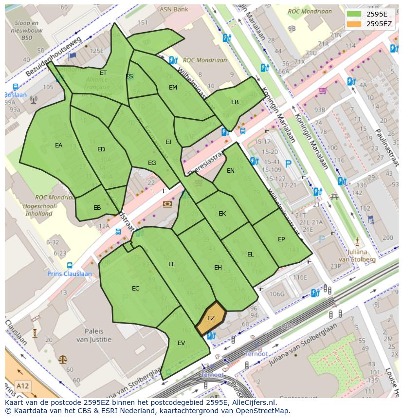 Afbeelding van het postcodegebied 2595 EZ op de kaart.