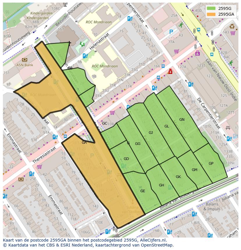 Afbeelding van het postcodegebied 2595 GA op de kaart.