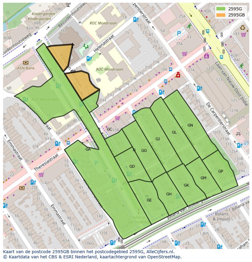 Afbeelding van het postcodegebied 2595 GB op de kaart.