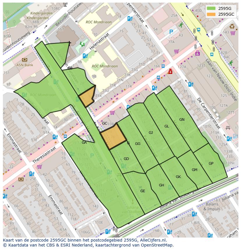 Afbeelding van het postcodegebied 2595 GC op de kaart.