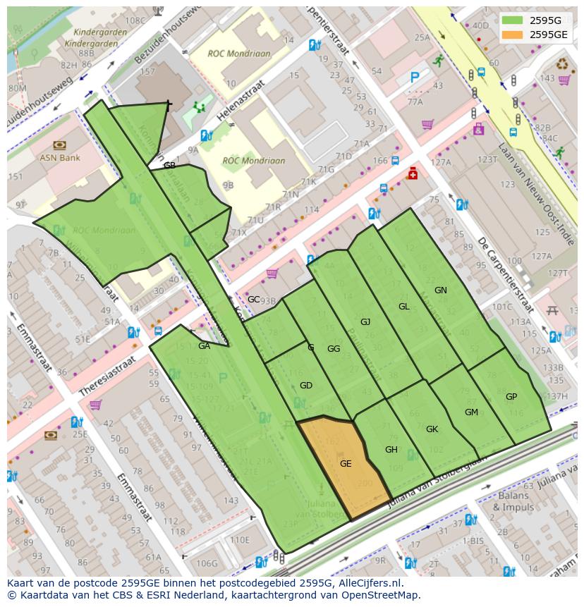 Afbeelding van het postcodegebied 2595 GE op de kaart.