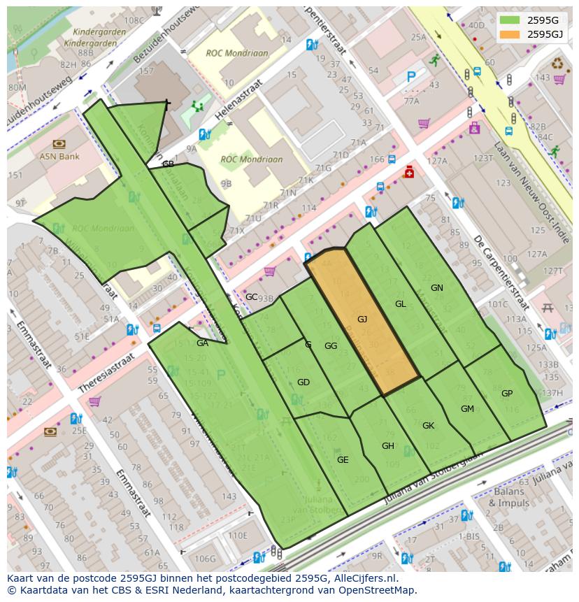 Afbeelding van het postcodegebied 2595 GJ op de kaart.
