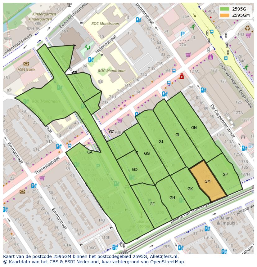 Afbeelding van het postcodegebied 2595 GM op de kaart.