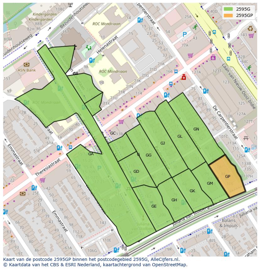 Afbeelding van het postcodegebied 2595 GP op de kaart.