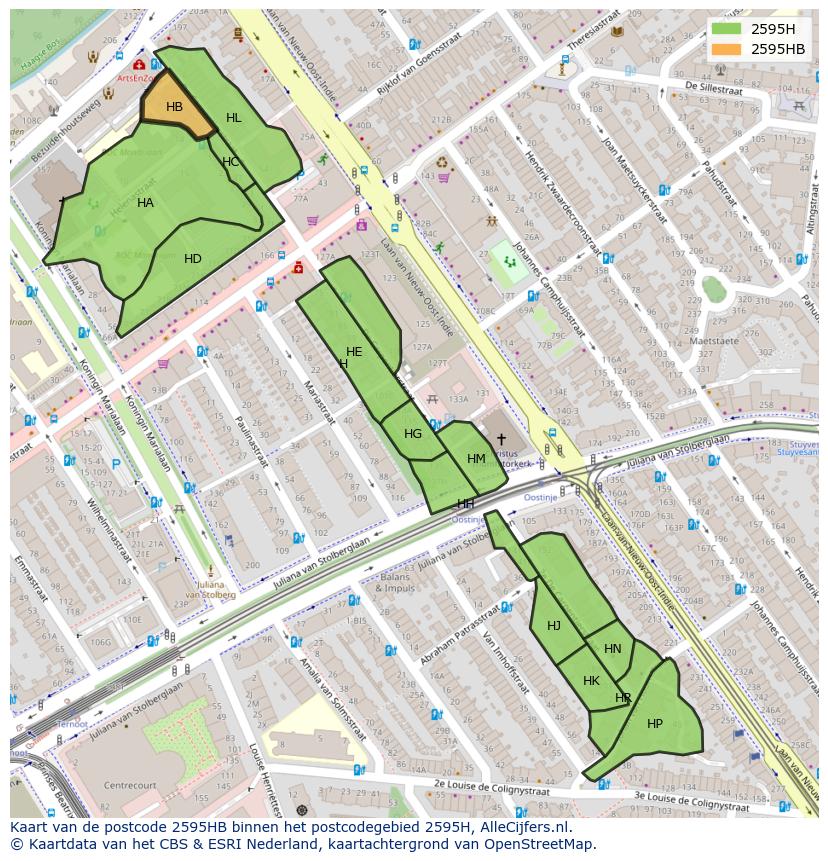 Afbeelding van het postcodegebied 2595 HB op de kaart.