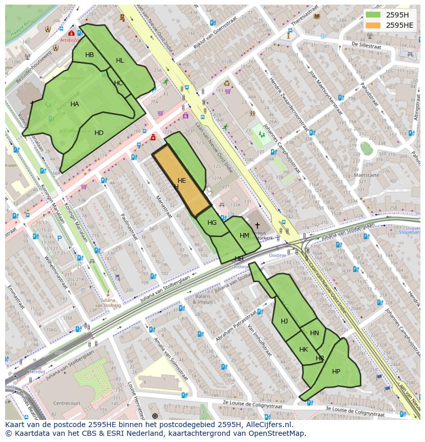Afbeelding van het postcodegebied 2595 HE op de kaart.