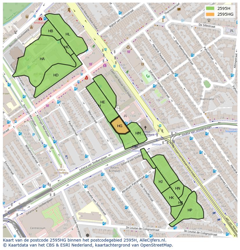 Afbeelding van het postcodegebied 2595 HG op de kaart.